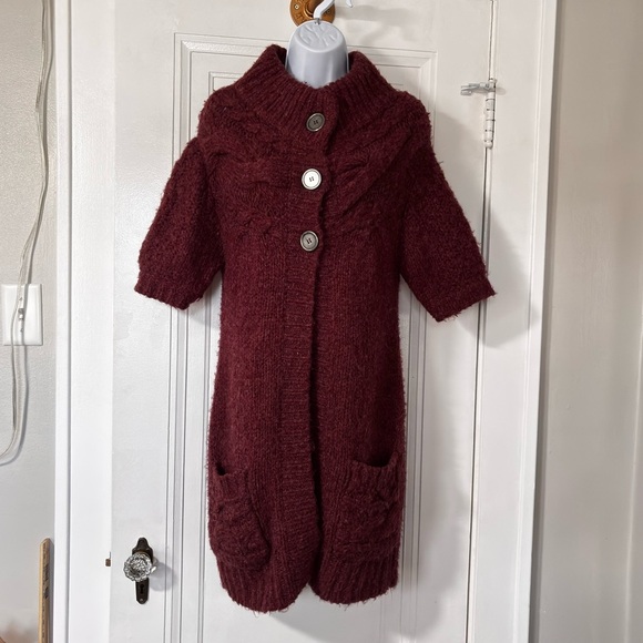 Free People Vintage Burgundy Knit Cardigan with Buttons pockets Medium - Picture 2 of 9